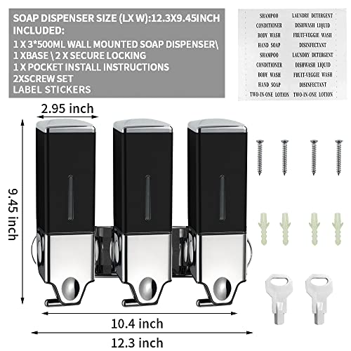 3 x 500ml per Cup Wall Mounted Manual Soap Dispenser for Home, Bath, Kitchen, Hotels, Restaurants. Shower and Lotion Dispenser (Black) - color: Black,transparent, size: 3 Chamber