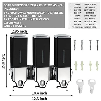 3 x 500ml per Cup Wall Mounted Manual Soap Dispenser for Home, Bath, Kitchen, Hotels, Restaurants. Shower and Lotion Dispenser (Black) - color: Black,transparent, size: 3 Chamber