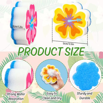 AnyDesign 4Pcs Hibiscus Flower Kitchen Sponges Water Absorbing Dish Washing Sponge Tropical Hawaiian Floral Dual Sided Non Scratch Scrubber for Summer Aloha Festival Household Supplies