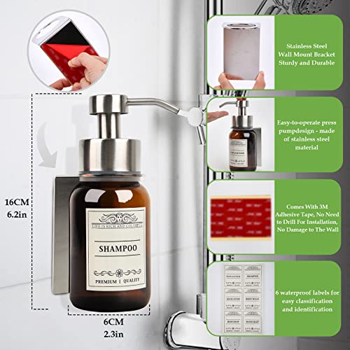2Pack 8.5oz Brown Glass Bathroom Shampoo Dispenser, Silver Mount | Drill or no-drill setup with screws & adhesive patches; leakproof conditioner pumps for shower or RV. - color: Silver Set of 2