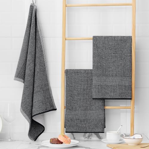 Homaxy Premium Kitchen Towels(18”x 28”, 12 Pack), Large Cotton Kitchen Hand Towels, Flat and Terry Dish Towels, 380 GSM Highly Absorbent Tea Towel Set with Hanging Loop, Black - color: Black, style: 12-pack
