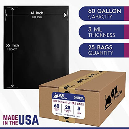 Ox Plastics 60 Gallon Trash Can Liners Bags - (25 Count) & 3mil Thick Extra Heavy Duty Strength - Large Garbage, Leak-Proof & Durable Bags