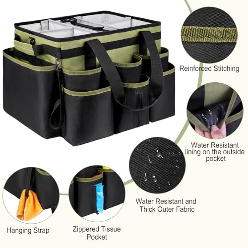 Large Rolling Cleaning Caddy Bag with Detachable Trolley,Cleaning Cart on Wheels with Shoulder Strap,Cleaning Supplies Organizer for Housekeepers,Green - color: Green