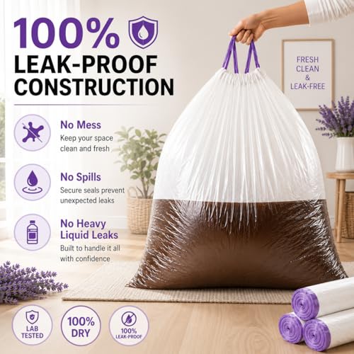 13 Gallon Tall Kitchen Trash Bags, 140 Count Lavender Scented | Drawstring Closure Odor Control Leak Resistant Tear Resistant Easy Tie Handles