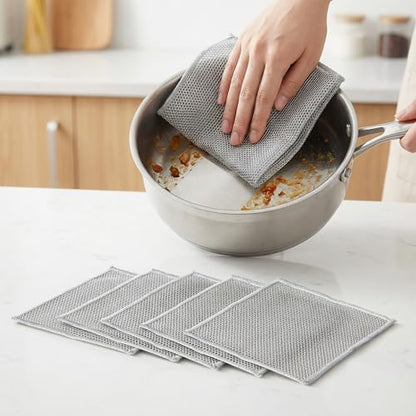 Metal Dish Cloth, Non Scratch Steel Wool Scrubber for Wet and Dry Cleaning, Reusable Single Layer Design for Dishes Sinks Stove Tops and Nonstick Cookware, Silver 5 Pack