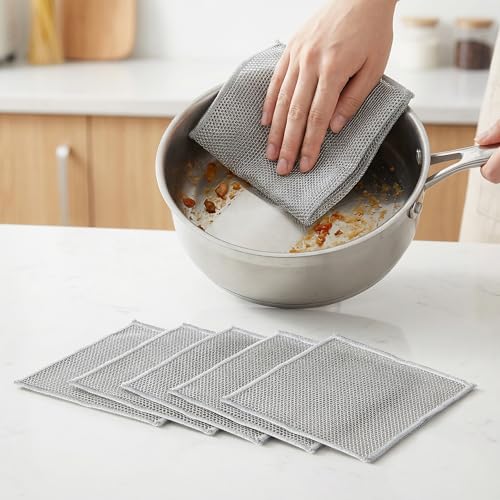 Metal Dish Cloth, Non Scratch Steel Wool Scrubber for Wet and Dry Cleaning, Reusable Single Layer Design for Dishes Sinks Stove Tops and Nonstick Cookware, Silver 5 Pack