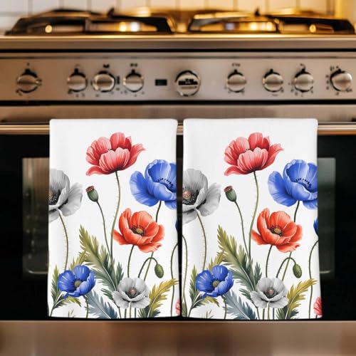 Red Blue Flowers Kitchen Towels Set of 4, Ultra Absorbent Dish Towels Quick Drying Microfiber Hand Towel Decorative Watercolor Botanical Floral Herbs Tea Towel Dishcloths for Kitchen Cleaning 18"x28" - size: 4 Pack