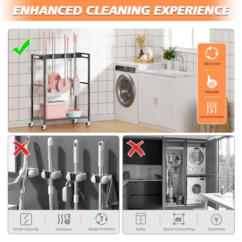 Broom and Mop Holder, MUNNAR Broom Closet Storage Cabinet, Cleaning Cart with Broom and Mop Hanger, Janitorial Cart with Wheels for Household, Laundry Room Organization - size: 24.8" x 13" x 34.2"