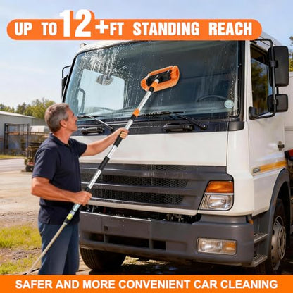 LAANPOLE 12FT Car Wash Brush with Long Handle, Car Cleaning Brush with 12 Inch Soft Bristle and Soap Dispenser, Solar Panels Cleaner with Telescoping Pole for RV, Truck, Boat, House Siding, Orange - color: Orange