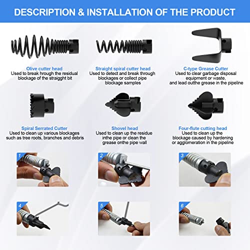 FEITON 7PCS Drain Cleaner Combination Cutter Head Set,16mm Manganese Steel Spring Automatic Locking Drain Dredging Cutter Head Accessories for Drain Cleaning Machines - color: Cutter Head 7PCS