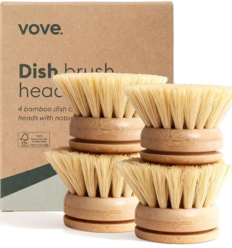 Vove Bamboo Dish Brush Replacement Heads 4-Pack, Refill Heads with Natural Fiber Bristles for Long-Lasting Use, FSC-Certified Bamboo, Plastic-Free Zero-Waste Kitchen Refill - style: 4 Replacement heads