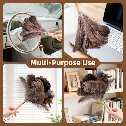 2 Pack Ostrich Feather Dusters with Wooden Handle, 13.5 inch Natural Fluffy Feather Dusters for Dusting Home, Car, Delicate Surfaces, Reusable Soft Cleaning Tools for Ledges, Blinds - color: 13.5in-brown
