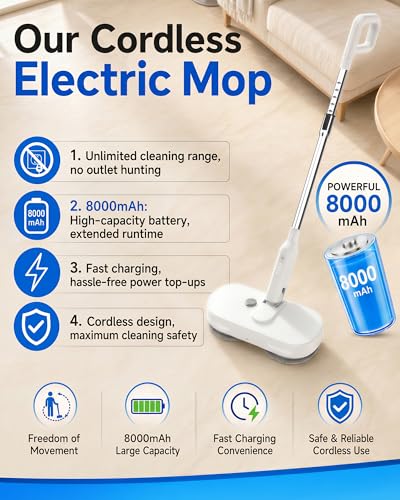 Buways Cordless Electric Mop, Self-Propelled Electric Spin Mop, Gravity Assist Pressure, 8000mAh Battery, LED Light & Water Spray, for Hardwood, Tile & Laminate Floors