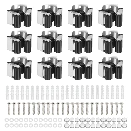 PATIKIL Broom and Mop Holder, 12 Pack Wall Mounted Stainless Steel Mop Hanger Heavy Garden Tool Organizer Rack Hanging Clips with Screws for Home Garage, Black - color: Black