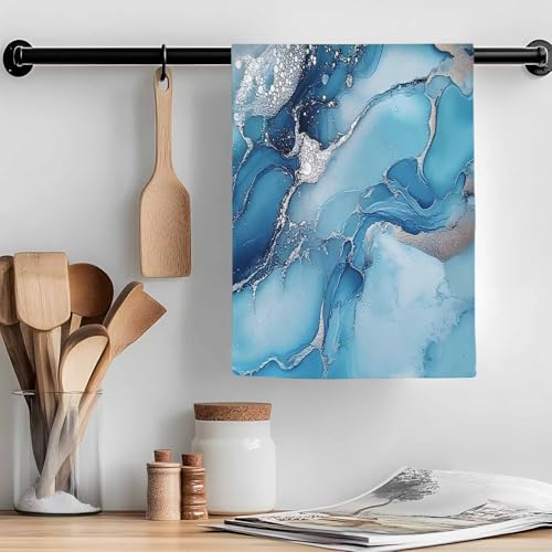 Marble Texture Kitchen Towels Set of 2 Blue Sliver Shinny Modern Abstract Decorative Dish Towels Ultra Soft Microfiber Absorbent Reusable Dishcloths for Kitchen Drying, 18x28 Inch - size: 28" x 18" (Pack of 2)
