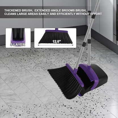 Broom and Dustpan Set, Large Household Dustpans and Broom with 55 Inch Long Handle, Pueple Broom with Dustpan Combo Set for Home - color: Purple, size: Large