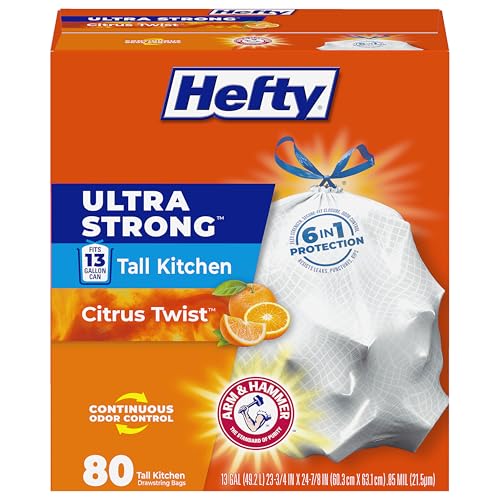 Hefty Ultra Strong 13 Gallon Trash Bags, Tall Kitchen Trash Bags 13 Gallon Size, Drawstring Closure, Continuous Odor Control, White, Citrus Twist Scent, 80 Bags - size: 80 Count (Pack of 1), style: Citrus Twist
