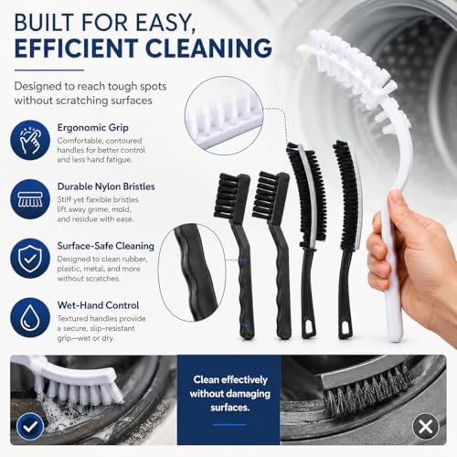 Washing Dryer Machine Rubber Seal Cleaning Brush Kits, Front Load Washer Cleaner Tools-1 PC Drum Slot Clean Brush & 5 PCS Crevice Cleaning Brushes for Bathroom, Shower & Kitchen Sink Household