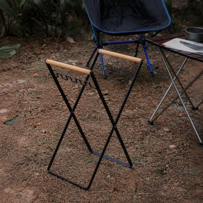 Metal Folding Trash Bag Holder with Wooden Handles, Portable Rubbish Stand for 30-45 Gallon Bags, Heavy Duty Refuse Sack Frame Garbage Holder for Garden Waste, Camping and RV
