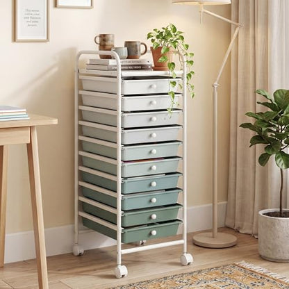 COSTWAY 10-Drawer Rolling Storage Cart, Utility Mobile Trolley with Removable Drawers & Universal Casters & 2 Brakes (Green Gradient,13"L x 15"W x 34"H (10 Drawer)) - color: Green Gradient, size: 13"L x 15"W x 34"H (10 Drawer)