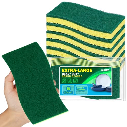 AIDEA XL Scrub Sponges 6Count, Heavy Duty Sponges for Dishes, Extra Large Sponge for Cleaning Kitchen and Household, Heavy Duty Sponge Safe for Non-Coated Cookware, Cleaning Power for Bathroom, House - color: Green-extra Large
