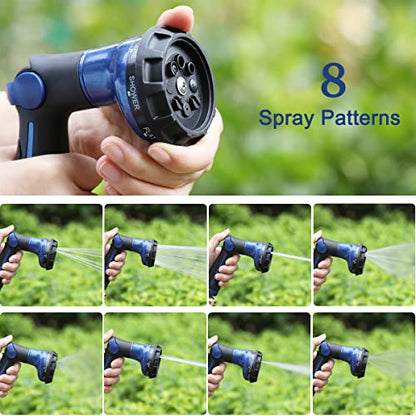 FANHAO Garden Hose Nozzle 100% Heavy Duty Metal Water Hose Sprayer with 8 Spray Patterns, High Pressure Spray Nozzle with Thumb Control, On Off Valve for Watering Plants, Washing Cars & Pets, Blue - color: Blue