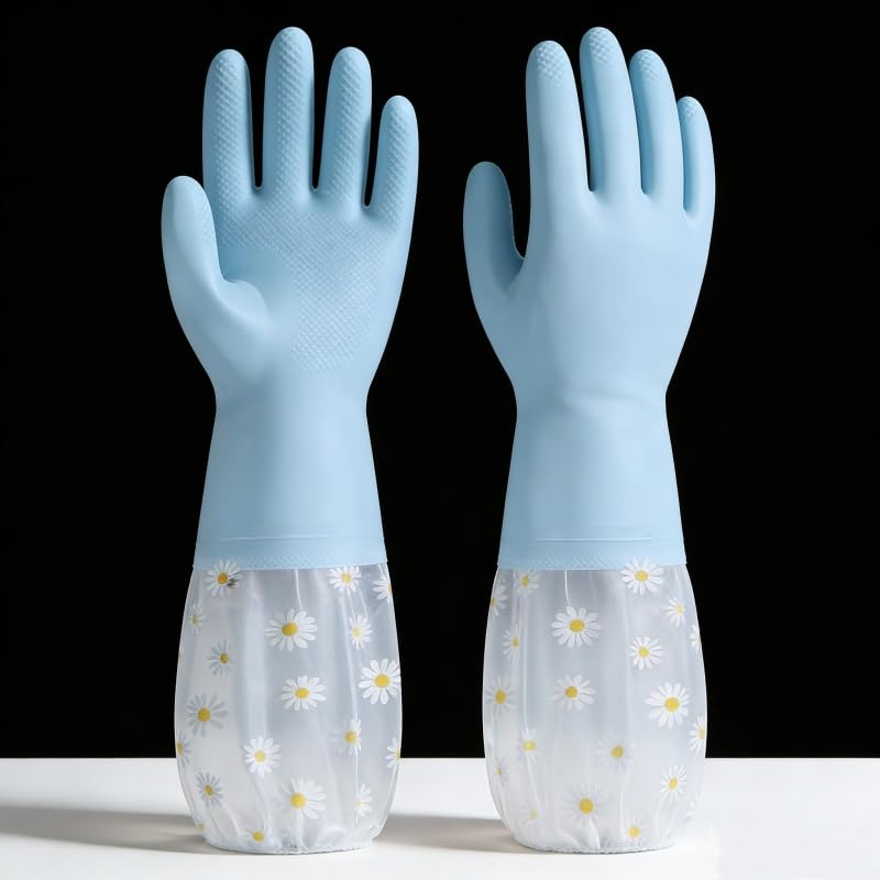Dishwashing Cleaning Gloves, Reusable Rubber Glove with Long Elastic Cuffs for Chores - color: Blue