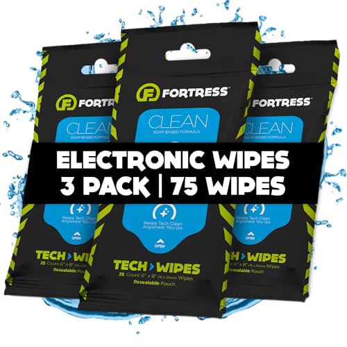 Fortress Electronic Wipes (25 ct, Pack of 3) To-Go Tech Wipes for Screens, Phones, Keyboards, TV Monitors, Computer Screens, and More [Travel Size] Skin-Safe - style: No Microfiber Cloth