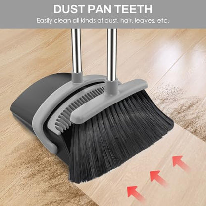 Broom and Dustpan Set for Home, 51-in Long Adjustable Handle Angle Broom and Dustpan Combo Set with Dust Pan Teeth to Clean Hair for Home Kitchen Office Lobby Floor Garden (Black&Grey) - color: Black Grey