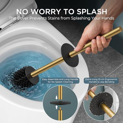 FORIOUS Toilet Brush and Holder Set, SUS304 Stainless Steel Square Base, Extended Long Handle, Drip-Proof & Space Saving, 2 Replaceable Brush Heads, Plastic & Silicone Dual Brush Head, Drak Gold - color: Brushed Gold