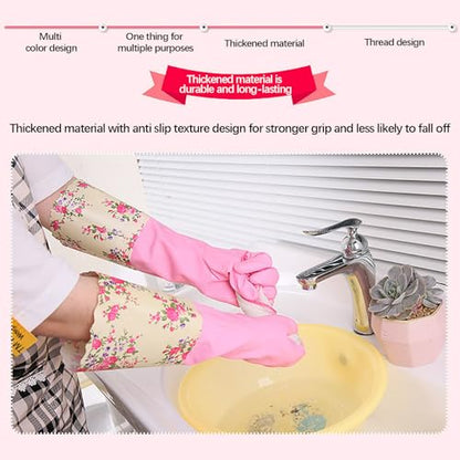Gloves for Cleaning, Cleaning Gloves for Women With Velvet Lining and Non-Slip Grip, Long-Lasting Rubber Cleaning Gloves for Household Cleaning, Reusable Kitchen Gloves for Washing Dishes, Pink