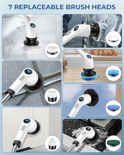 Electric Spin Scrubber, Rechargeable with Upgraded Battery & Extended Runtime, IPX7 Cleaning Brush, 3000mAh Battery 7 Brush Heads 2-Speed Adjustable Long Handle for Bathroom & Tile Floor Cleaning