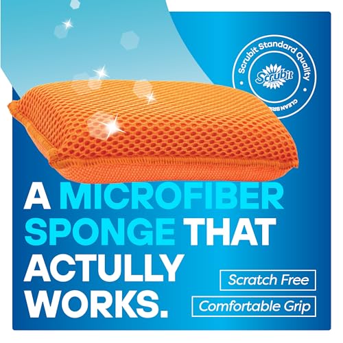 SCRUBIT Reusable Sponges for Dishes - 12 Pack Microfiber Sponges Kitchen Dish Scrubber, Machine Washable & Non-Scratch Scrubbers (Orange) - color: Orange