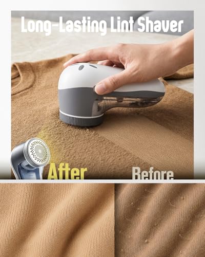 POPCHOSE Fabric Shaver, Lint Shaver for Clothing, Electric Lint Remover with 6-Leaf Blades, Sweater Defuzzer, Clothes Shaver for Couch, Furniture, Blanket, Remove Pilling, USB Rechargeable - color: Grayish White