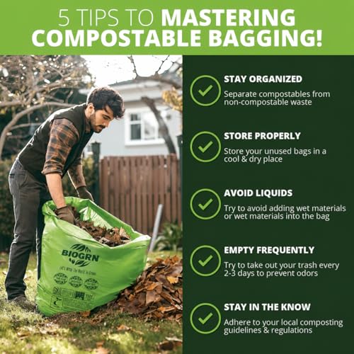 60-64 Gallon Compostable Trash Bags, 12 Count, 2 Mil Heavy Duty Flat Top Large Trash Bags, 243L Lawn & Yard Waste Bags for Outdoor Garden Cleanup, ASTM D6400 BPI & OK Compost HOME Certified - color: 64Gallon, Flat Top, 12 Count