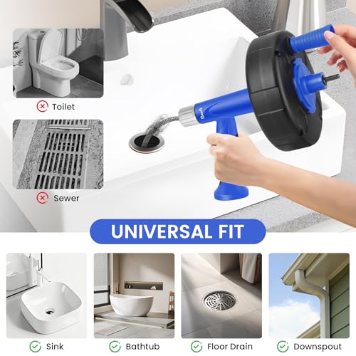 XJX Drain Auger, Plumbing Snake with Drill Adapter, 25FT Flexible Steel Drain Clog Remover, Manual or Powered for Kitchen, Bathroom & Shower Sink, with Gloves and Storage Bag - color: Bule