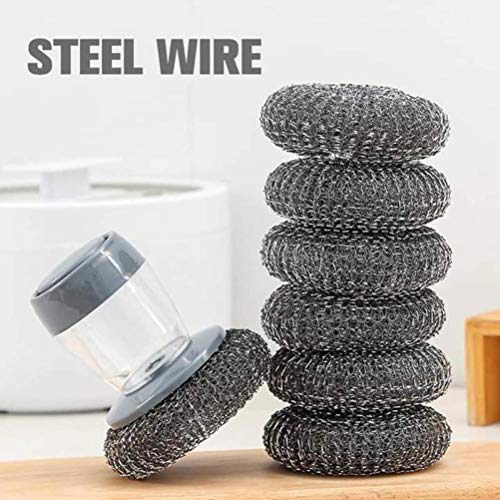 Jeyie Steel Dish Scrubber, Soap Dispensing Steel Brush Storage Set Scouring Pad Pot Scrubber Metal Sponge Household Kitchen Cleaning Brush