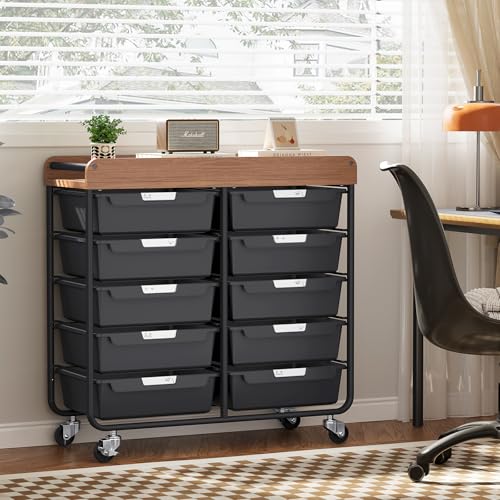 10 Drawers Rolling Cart with Wooden Tabletop, Utility Storage Cart with Wheels, Art Supply Craft Organizer on Wheel with Metal Frame & Handles for Home Office School,Black - color: Black