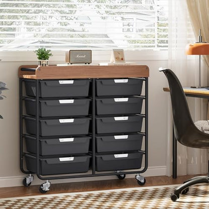 10 Drawers Rolling Cart with Wooden Tabletop, Utility Storage Cart with Wheels, Art Supply Craft Organizer on Wheel with Metal Frame & Handles for Home Office School,Black - color: Black