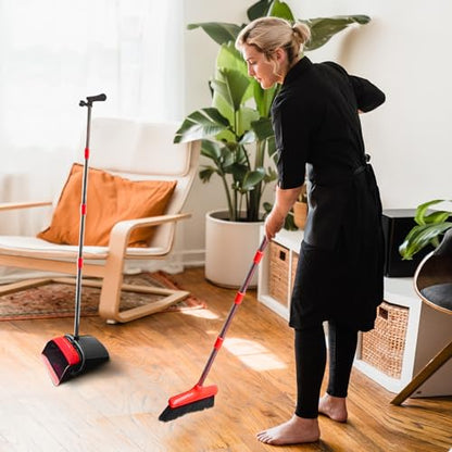 Broom with Dustpan Combo Set 54" Long Handle Adjustable Length Stainless Steel Broomstick Standing Dust Pan and Broom Set for Office Home Kitchen Lobby Floor Cleaning (Red and Black) - color: Black and Red