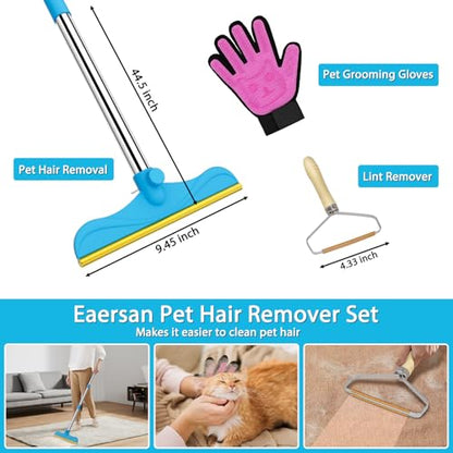 Eaersan 3 in 1 Carpet Rake Kit for Pet Hair Removal Tool - 45” Adjustable Long Handle Pet Hair Remover, Reusable Carpet Scraper Dog Cat Deep Hair Cleaner Remover Tool for Rugs, Mats, Couch, Furniture