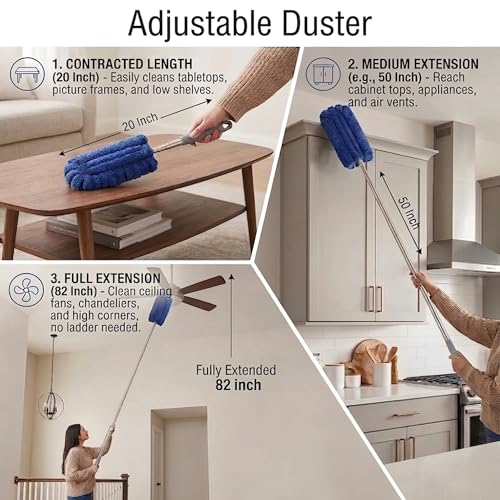 Duster Refills Reusable Pads with 20-83 Inch Extendable Pole - 10 Pack Washable 360 Degree Cleaning Kit for Ceiling Fan, Blinds and Car Interior