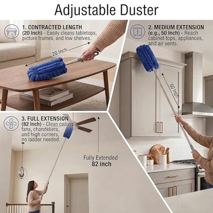 Duster Refills Reusable Pads with 20-83 Inch Extendable Pole - 10 Pack Washable 360 Degree Cleaning Kit for Ceiling Fan, Blinds and Car Interior