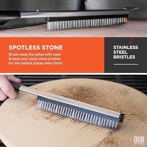 26'' Pizza Oven Brush with Stone Scraper - Includes 3 Brush Heads, Heat-Resistant Silver Stainless Steel Bristles - Long Grip Handle, Compatible with Ooni, Gozney, Blackstone, Solo Stove Ovens - color: Black - 3 Brush Heads