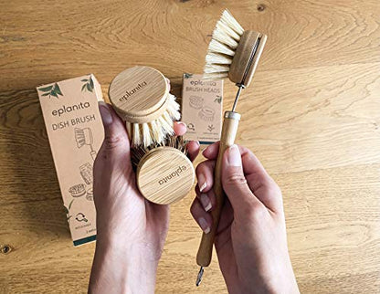 eplanita Replacement Brush Heads (Pack of 4) for Bamboo Dish Brush, Sisal Bristle Refills, Agave Cactus Fibres, Kitchen Eco Scrubber, Plastic Free Washing Up, Zero Waste Cleaning - size: Pack of 4