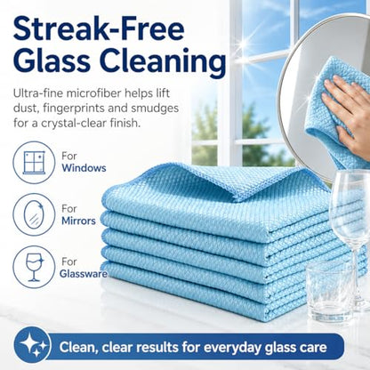 Microfiber Cleaning Cloths for Glass, Ultra-Fine, Highly Absorbent, Streak-Free, Fish-Scale Pattern, Extra-Thick, Blue, 5-Pack