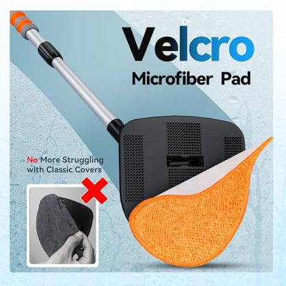 XINDELL Windshield Cleaner Tool, Car Window Cleaning Kit with 4 Reusable Microfiber Pads, Extendable Handle & 360° Rotating Head, Safety Hammer, Streak-Free Auto Glass Wiper for Car Truck SUV RV - color: Orange