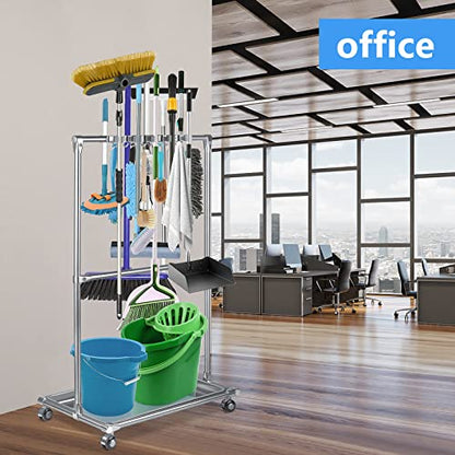 Broom Holder Organizer Movable Closet Storage Cabinet Mop Rack Floor Standing Cleaning Supplies Tool Cart For Garden Garage Schools Hotels Hospitals Factories Property Companies Restaurant (10 Racks)