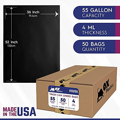 55 Gallon Trash Can Liners Bags 4 Mil - 50 Count & Thick Extra Heavy Duty Strength - Large Garbage Bag, Leak-Proof & Durable bags - Black - size: 1 Count (Pack of 50)
