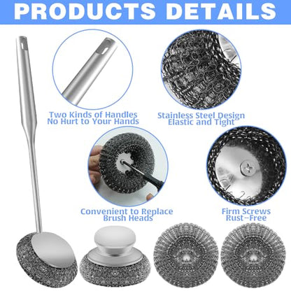 2Pcs Stainless Steel Wool Scrubber Sets, Dish Scrubber with Long Short Handle Stainless Steel Scrubber Cleaning Brush Metal Scrubber with Replacement, Steel Scrubber for Dishes Tableware Home Kitchen - color: 5pcs